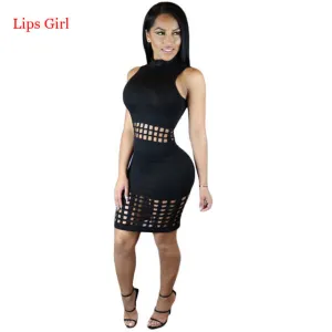 2016 New Style Summer Women Club Bodycon Dress Sleeveless Hollow Out Sexy Night Club Wear Black Bandage Celebrity Party Dresses