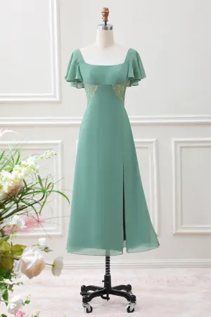 A Line Eucalyptus Square Neck Chiffon Tea-length Dress with Slit