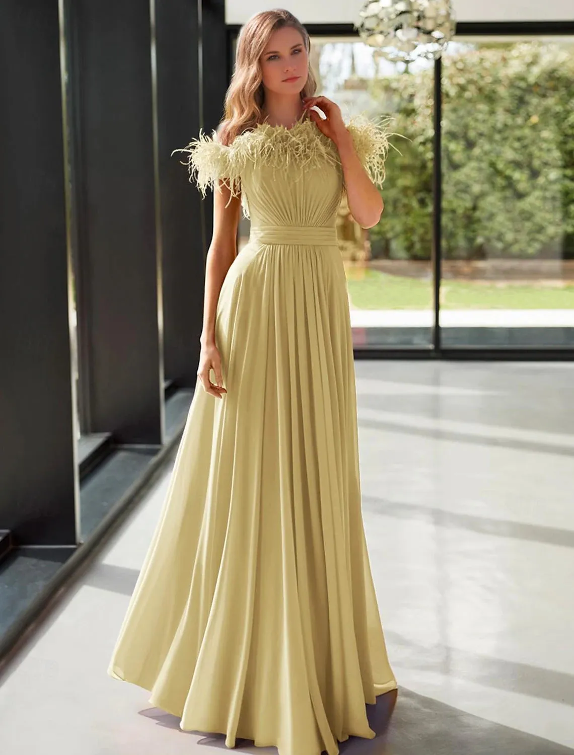 A-Line Evening Gown Formal Floor Length Sleeveless Off Shoulder Stretch Chiffon with Feather