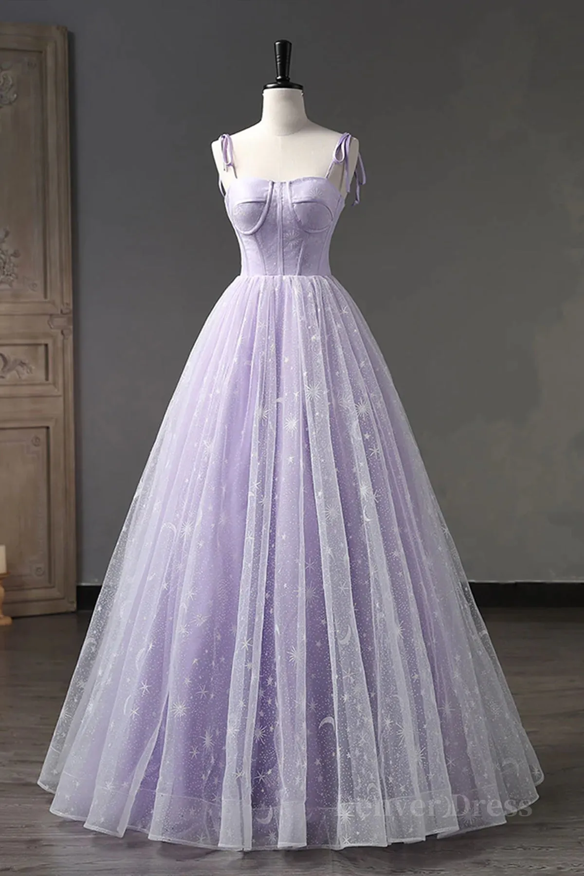 A Line Lilac Tulle Long Prom Dresses Lilac Long Formal Evening Dresses