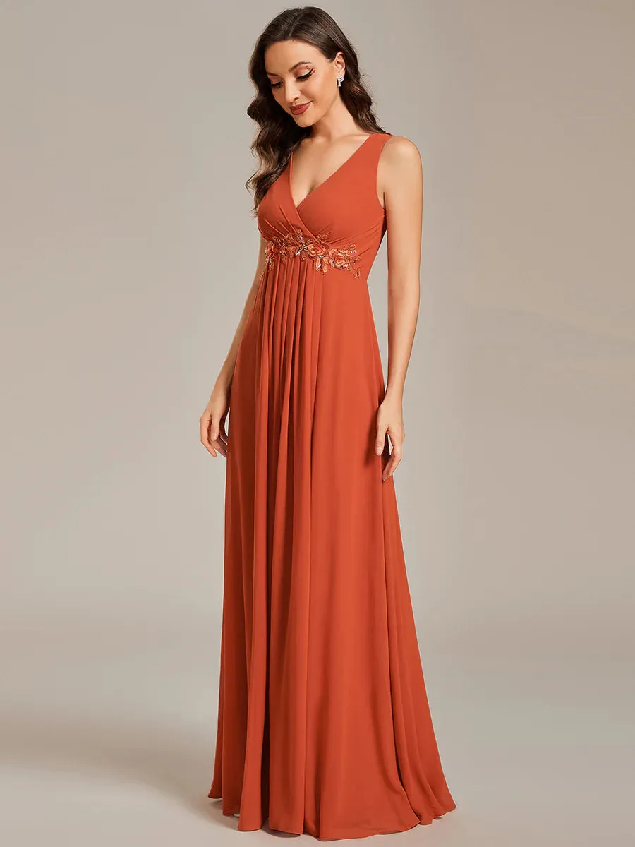 A-Line V Neck Appliques Ruched Bridesmaid Dress