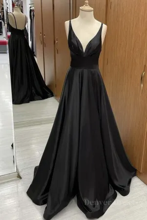 A Line V Neck Backless Black Long Prom Dresses V Neck Black Formal Dresses Backless Black Evening Dresses