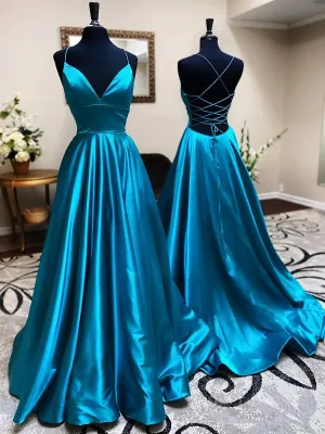 A Line V Neck Blue Backless Long Prom Dresses Open Back Blue Long Formal Evening Dresses