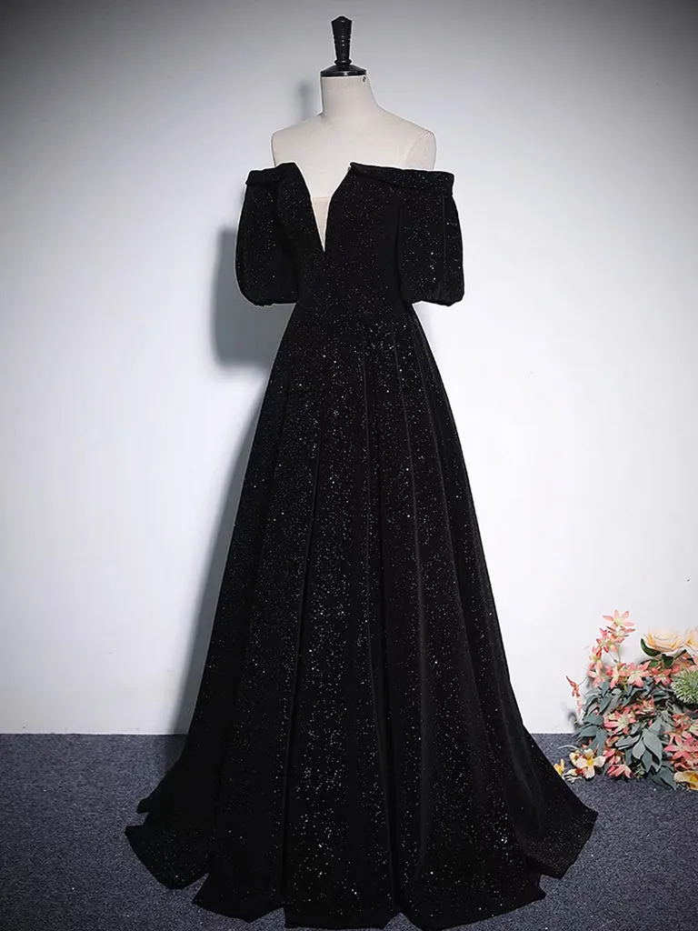 A-Line V Neck Velvet Black Long Prom Dress, Black Formal Evening Dress