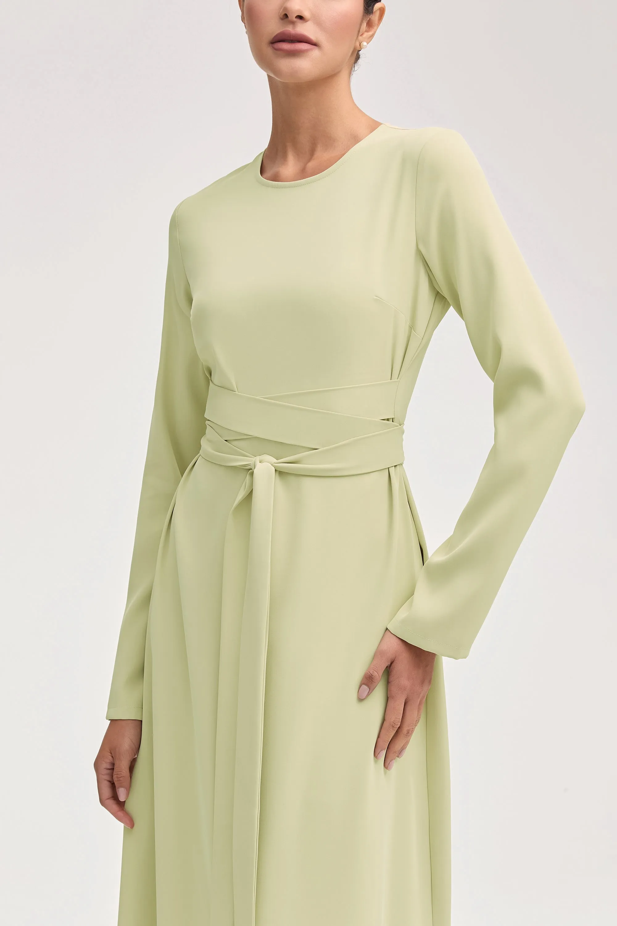 Asalah Wrap Waist Maxi Dress & Abaya Set - Pistachio