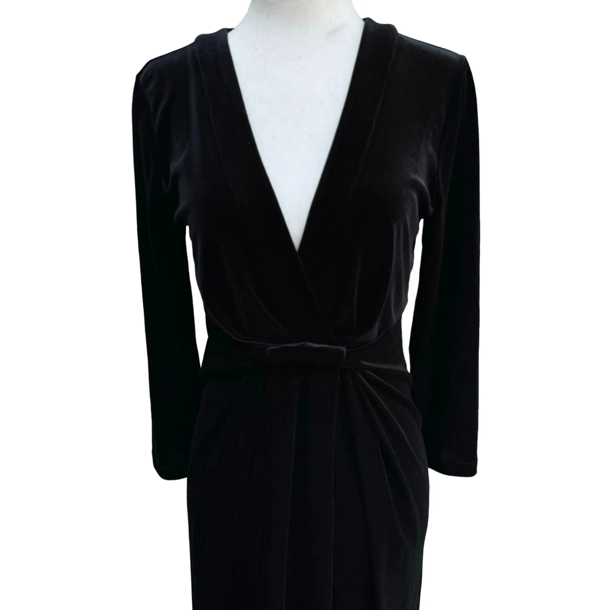 BCBG MAX AZRIA Womens Black Velvet Twist Wrap Waist Long Sleeve Midi Dress - S