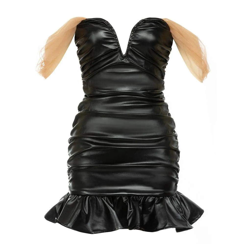 Bellamy Strapless V-Neck Faux Leather Mini Sheath Mermaid Dress