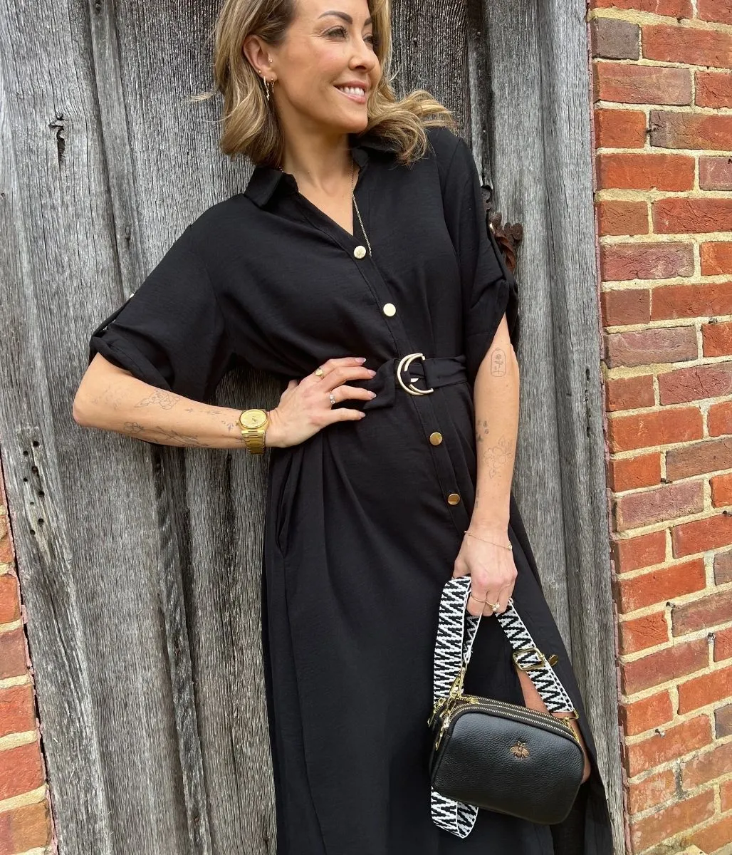 Black Gold Button Shirt Dress