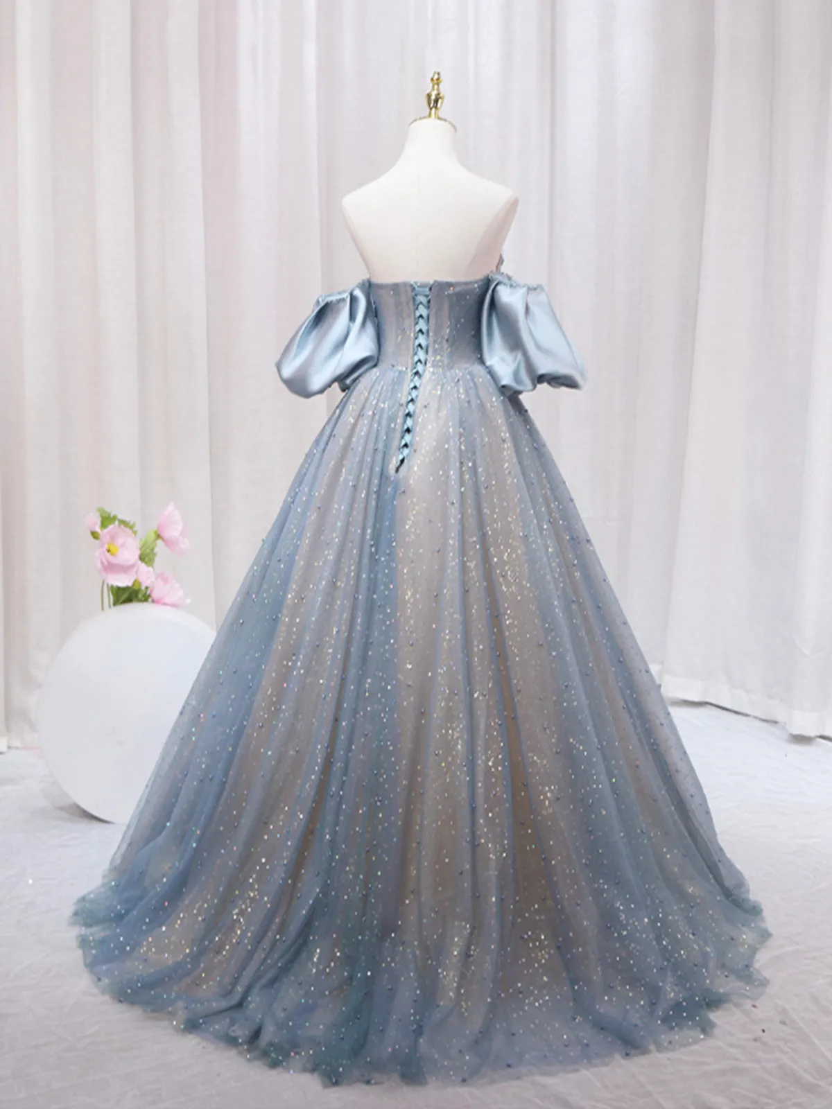 Blue Puff Sleeve Long A-Line Prom Dress Off the Shoulder Formal Evening Dress