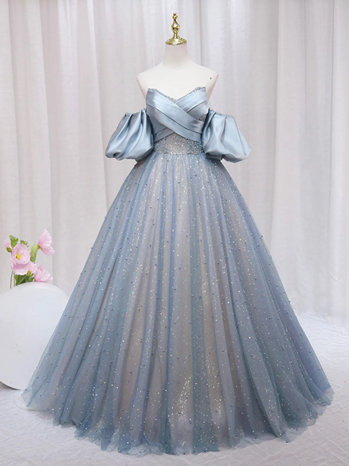 Blue Puff Sleeve Long A-Line Prom Dress Off the Shoulder Formal Evening Dress