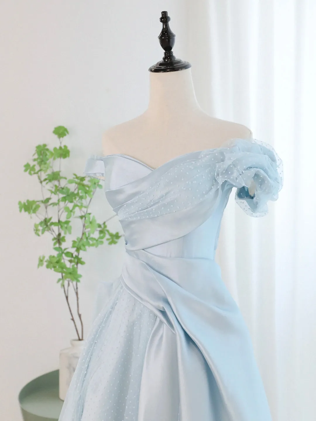 Blue Satin Tulle Long Prom Dress Off Shoulder Formal Evening Dress