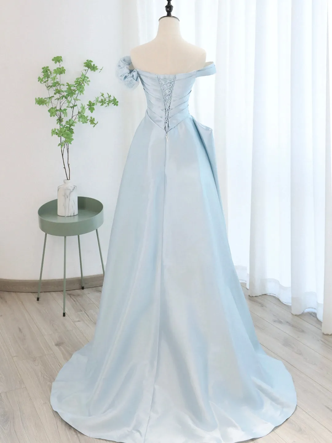 Blue Satin Tulle Long Prom Dress Off Shoulder Formal Evening Dress