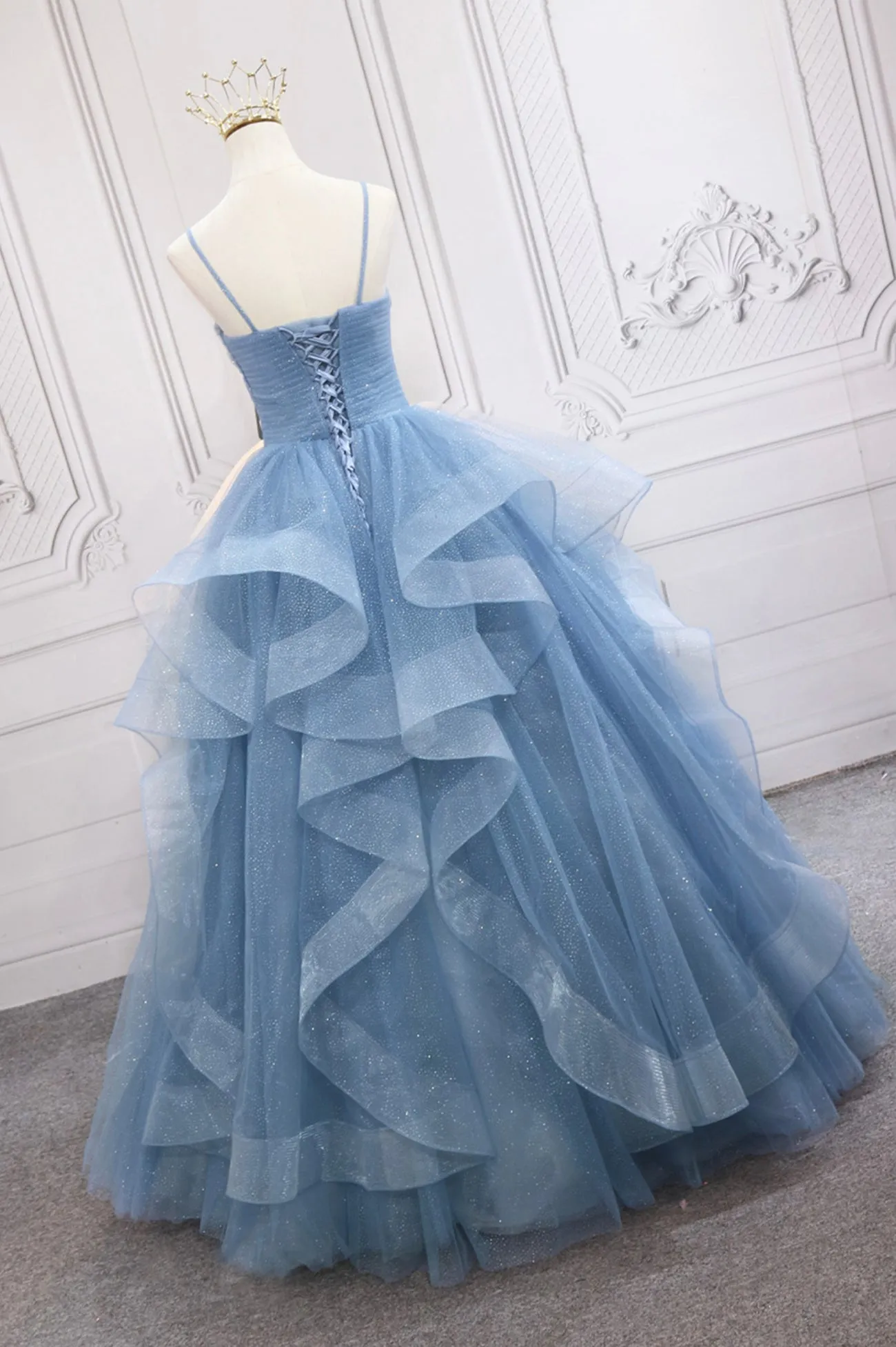 Blue V-Neck Tulle Long Formal Gown A-Line Blue Evening Dress