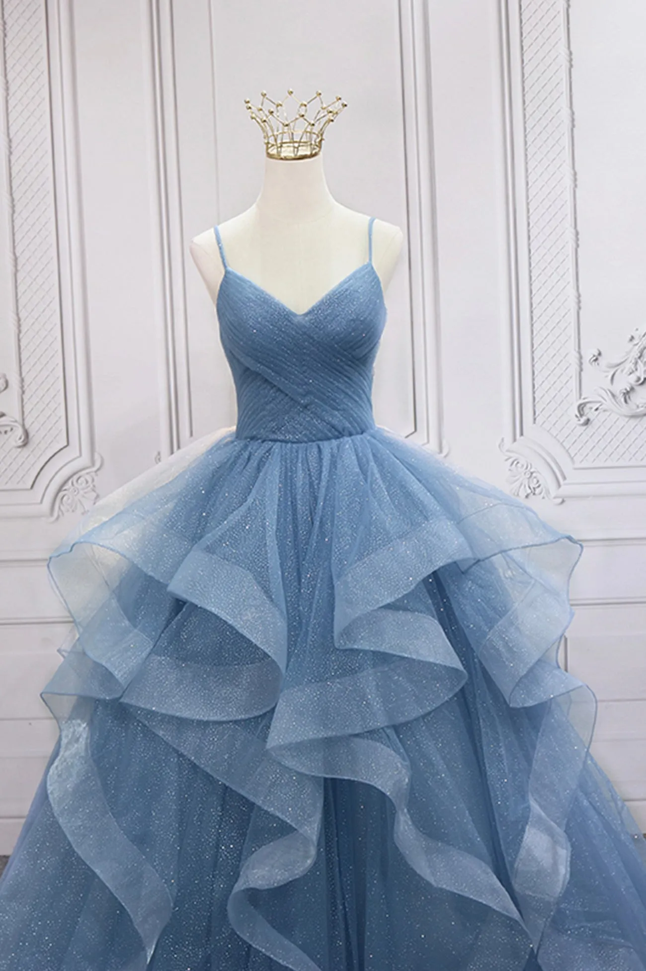 Blue V-Neck Tulle Long Formal Gown A-Line Blue Evening Dress