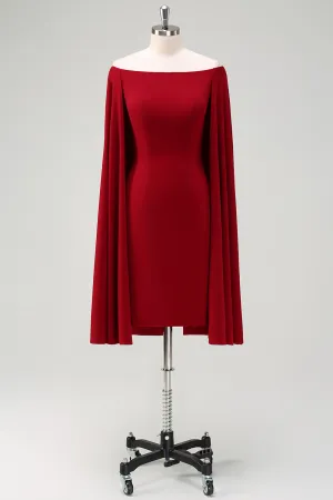 Burgundy Boat Neck Knee Length Wedding Guest Dress with Cape