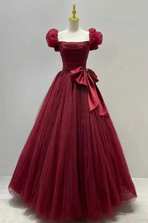 Burgundy Tulle Short Sleeve A-Line Formal Dresses Burgundy Evening Dresses