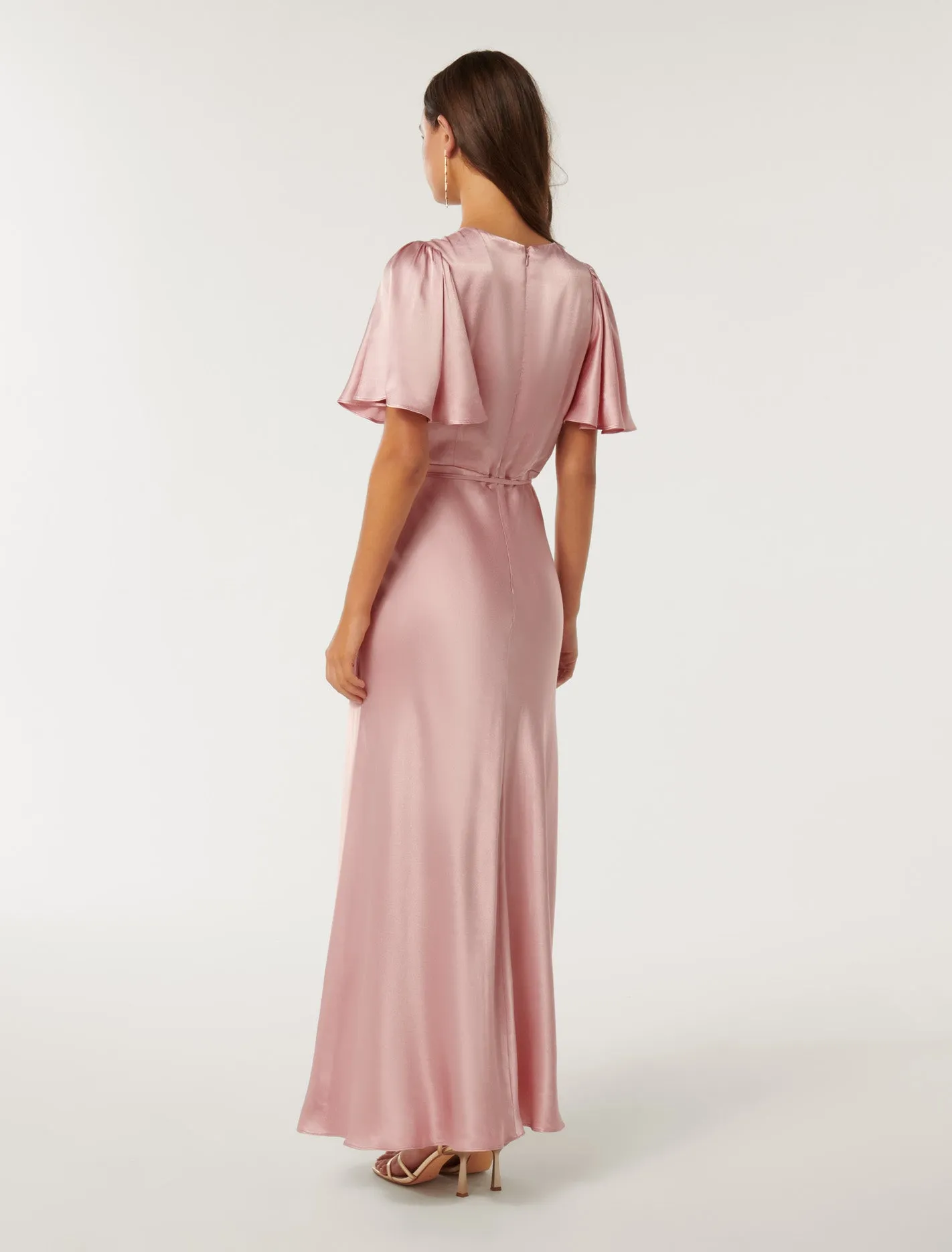 Chelsea Flutter Sleeve Satin Maxi Dress