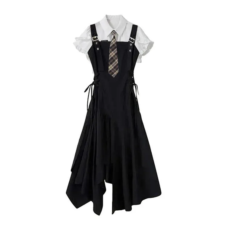 Chic Flouncing Sleeve Polo T-Shirt Suspender Dress