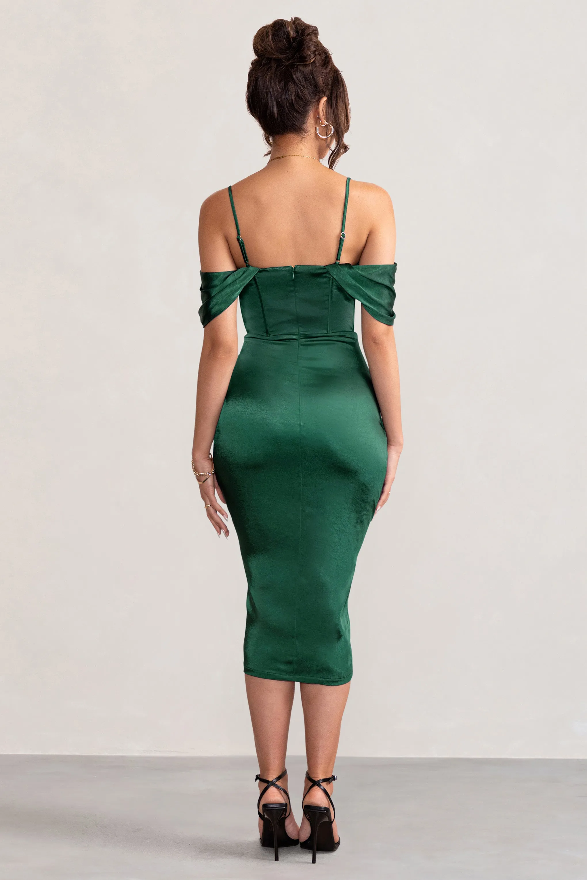 Deserving | Bottle Green Satin Bardot Sleeve Corset Wrap Midi Dress