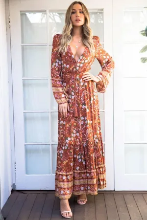 Ditsy Floral Long Sleeve V Neck Boho Chic Maxi Dress - Burnt Orange