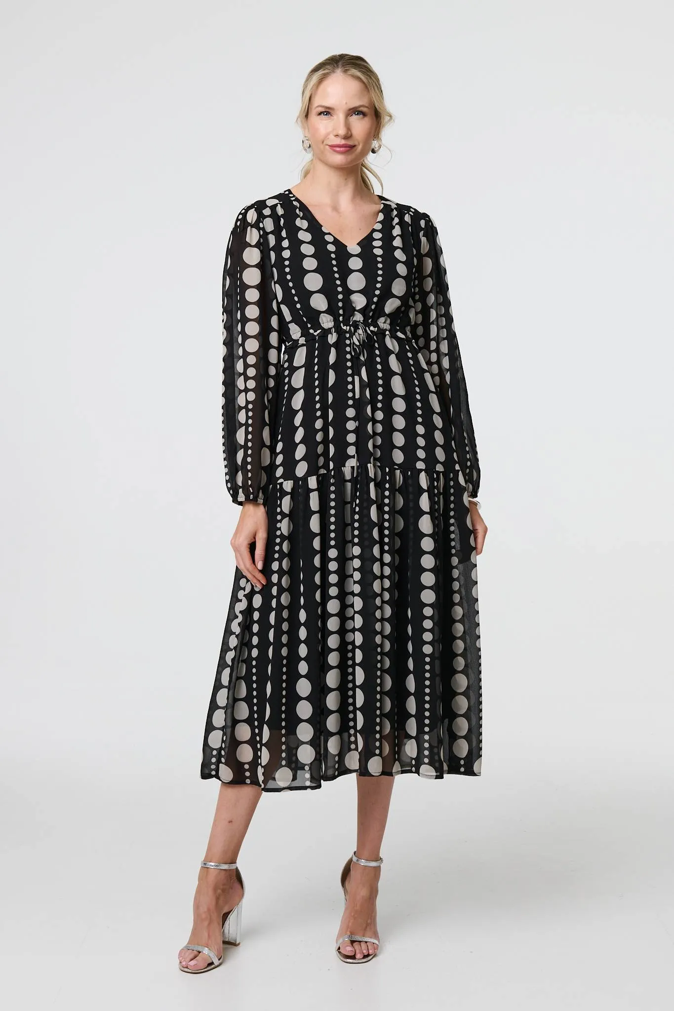 Dotty Print Long Puff Sleeve Midi Dress