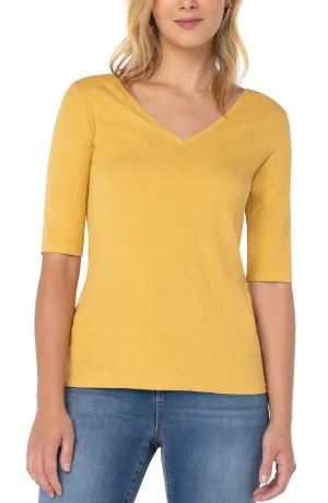 Double V-Neck Half Sleeve Tee - Golden Honey