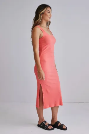 Effortless Watermelon Square Neck Rib Tank Midi Dress