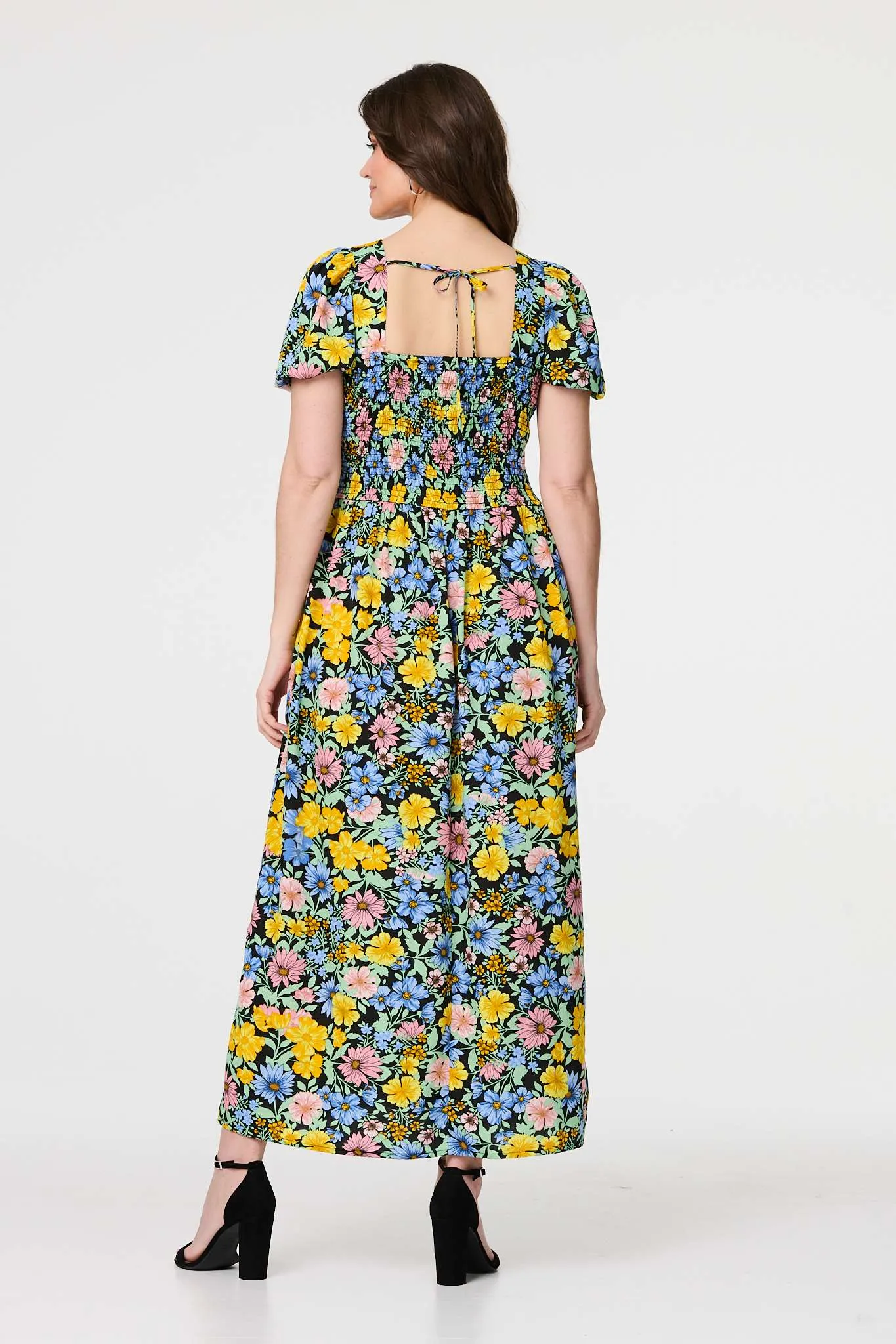 Floral Puff Sleeve Cut Out Maxi Dress