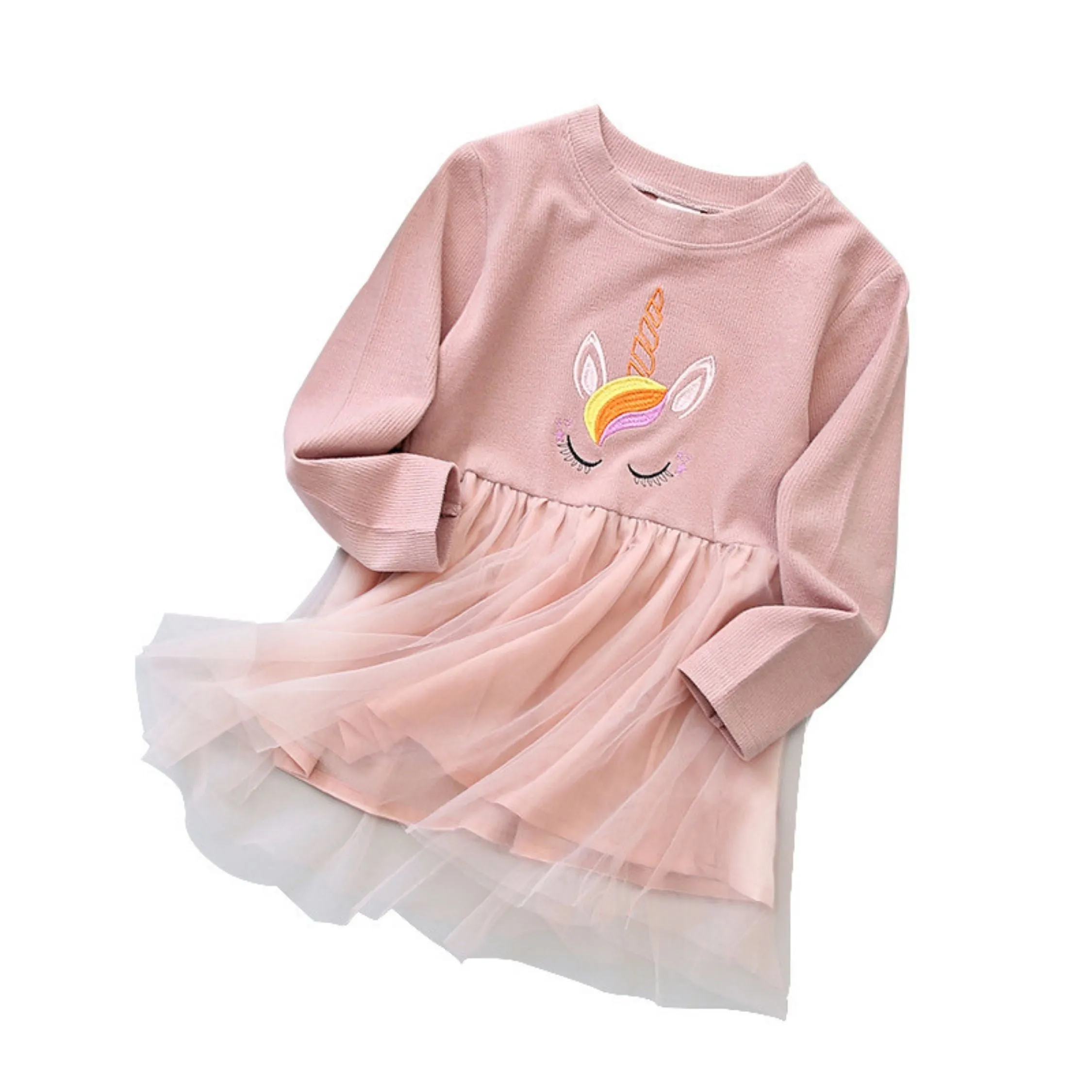 Full Sleeve Beautiful Unicorn Theme Girls Dress, Pink