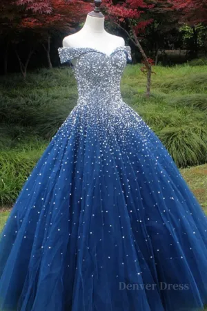 Gorgeous Off Shoulder Sequins Blue Long Prom Dress Shiny Sequins Blue Formal Evening Dress Blue Ball Gown