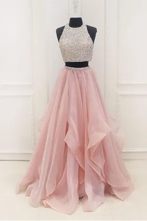 Gorgeous Round Neck Two Pieces Long Prom Dresses 2 Pieces Formal Evening Dresses