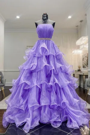 Gorgeous Strapless Layered Purple Tulle Long Prom Dresses with Belt Purple Formal Evening Dresses Purple Ball Gown