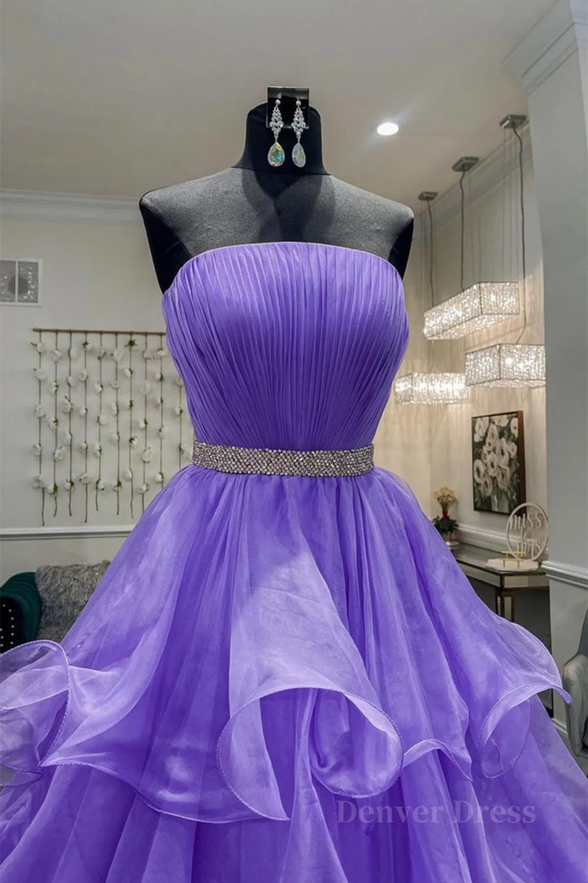 Gorgeous Strapless Layered Purple Tulle Long Prom Dresses with Belt Purple Formal Evening Dresses Purple Ball Gown