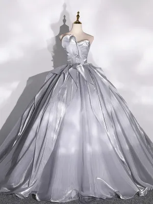 Gray Strapless Tulle Long Ball Gown A-Line Evening Dress Formal Dress