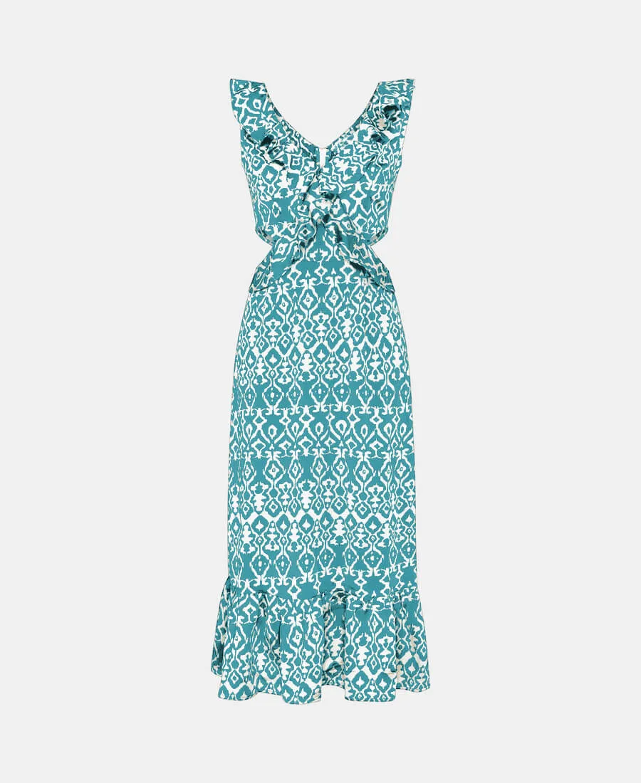 Green Ikat Ruffle Cutout Midi Dress