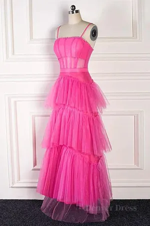 Hot Pink Long Tulle Prom Dresses Hot Pink Long Tulle Formal Evening Dresses