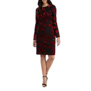 Jessica Howard Long Sleeve Floral Flocked Sheath Dress Black Red Velvet