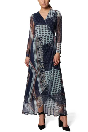 Laundry V-Neck Long Sleeve Tie Waist Multi Print Tiered Mesh Dress