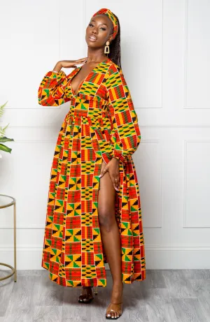 Low Neck Deep V Long Sleeve | African Maxi Dress  - KENYA