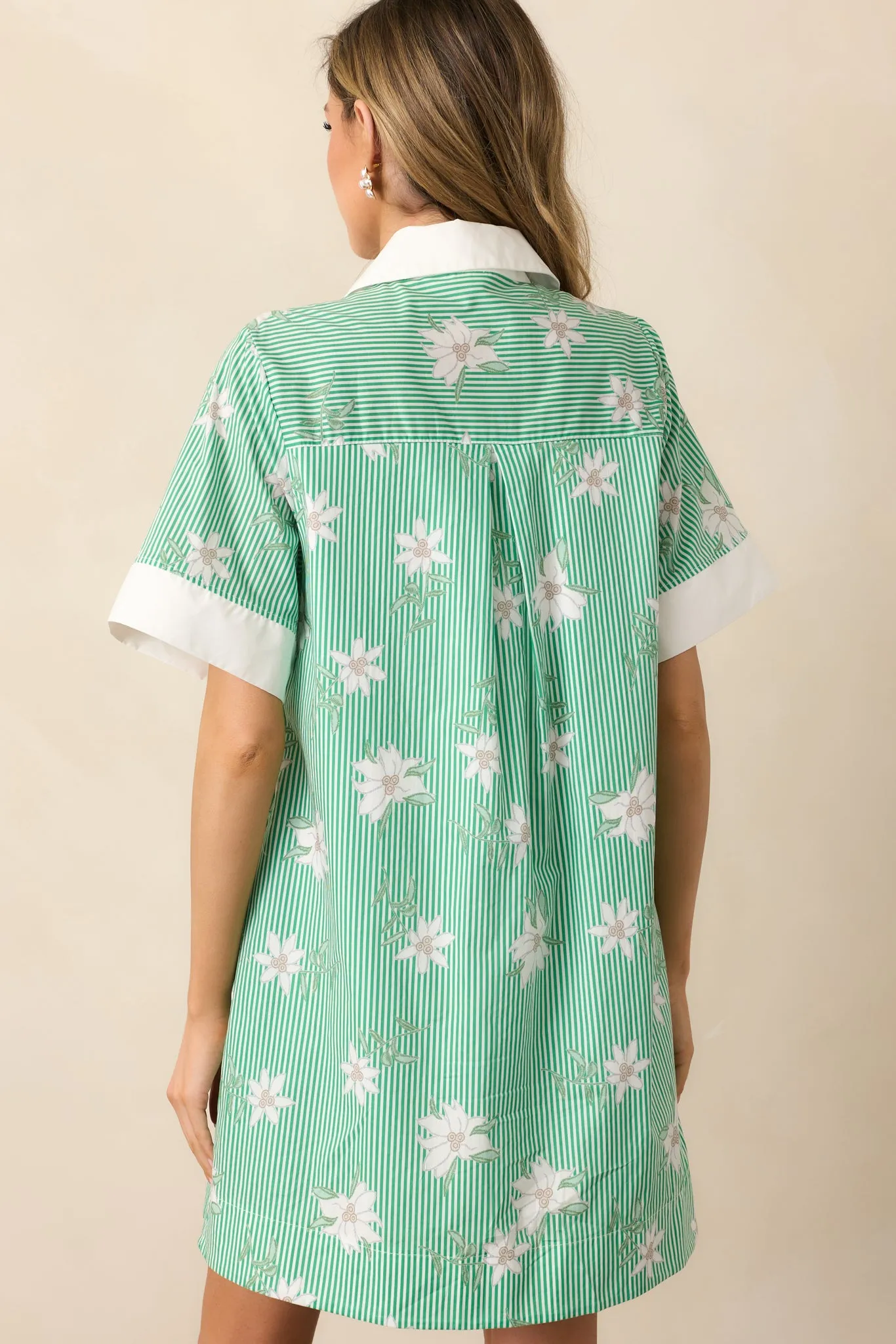 Lunch In The City Green Floral Cotton Mini Shirt Dress