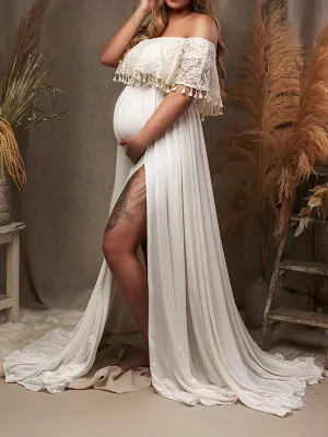 Momnfancy Off Shoulder Tassel Side Slit Boat-Neck Babyshower Photoshoot Gowns Maternity Maxi Dress