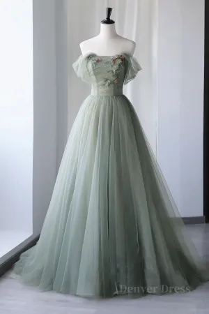 Off Shoulder Green Tulle Floral Long Prom Dresses Off the Shoulder Green Formal Evening Dresses with 3D Flowers