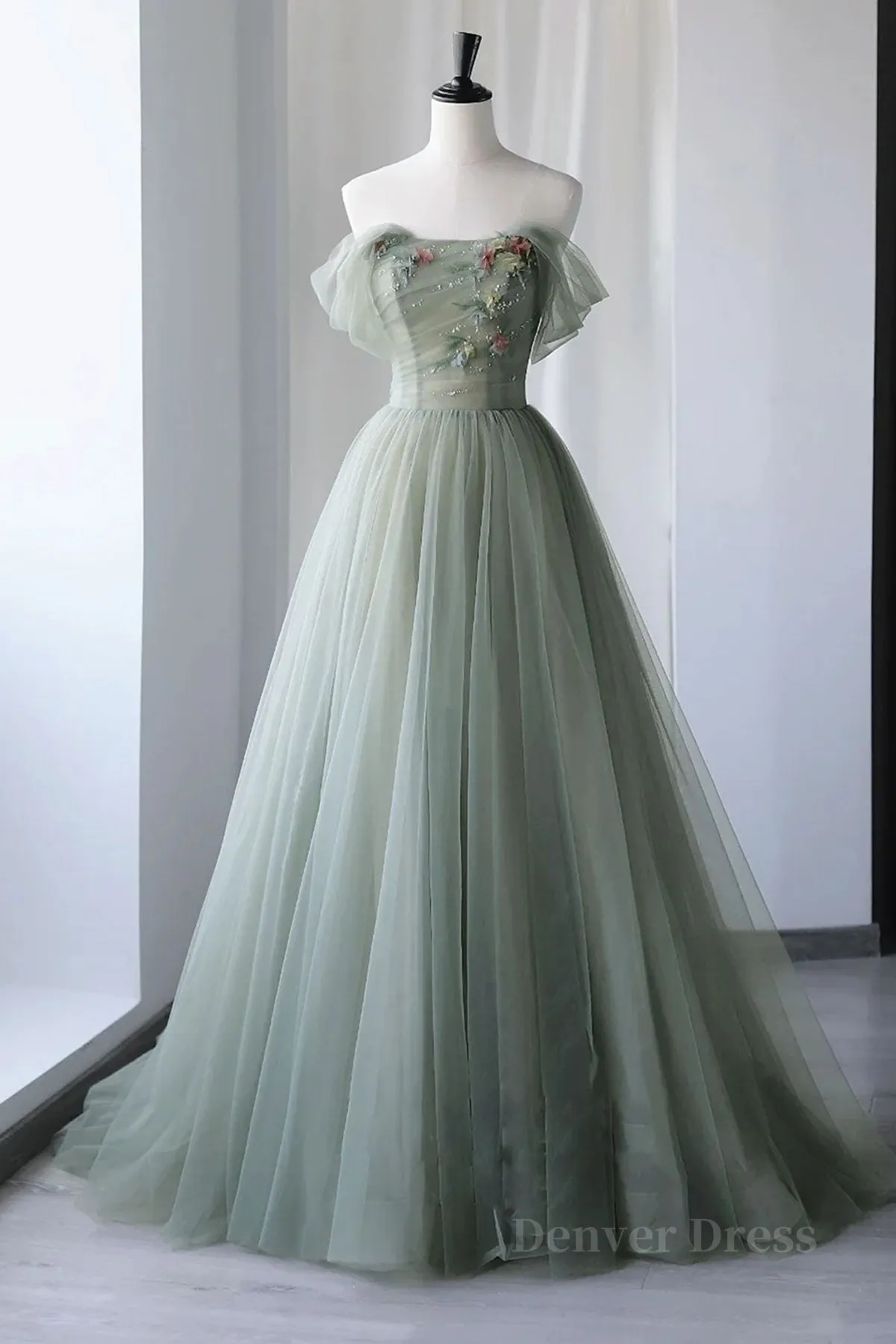 Off Shoulder Green Tulle Floral Long Prom Dresses Off the Shoulder Green Formal Evening Dresses with 3D Flowers