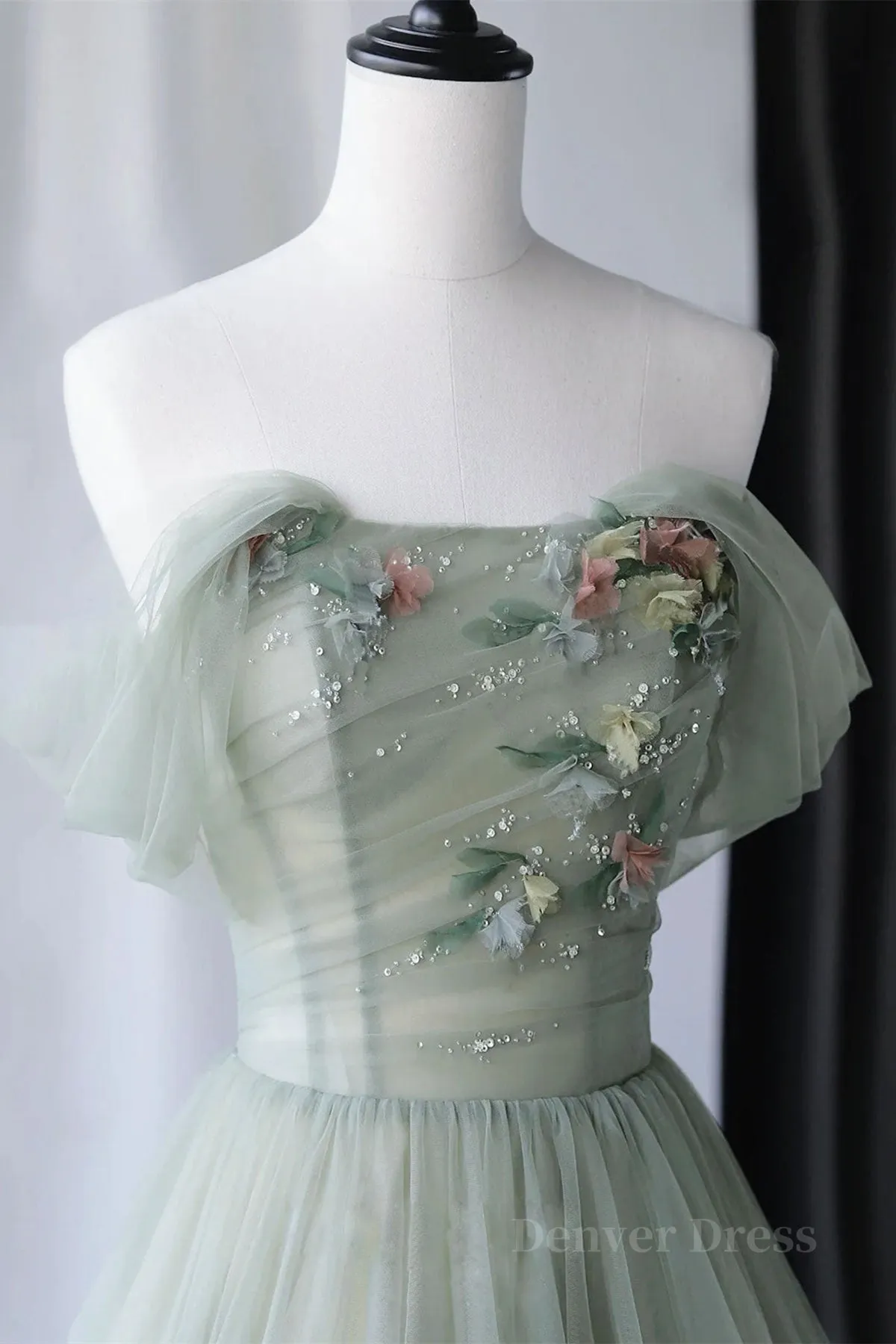 Off Shoulder Green Tulle Floral Long Prom Dresses Off the Shoulder Green Formal Evening Dresses with 3D Flowers