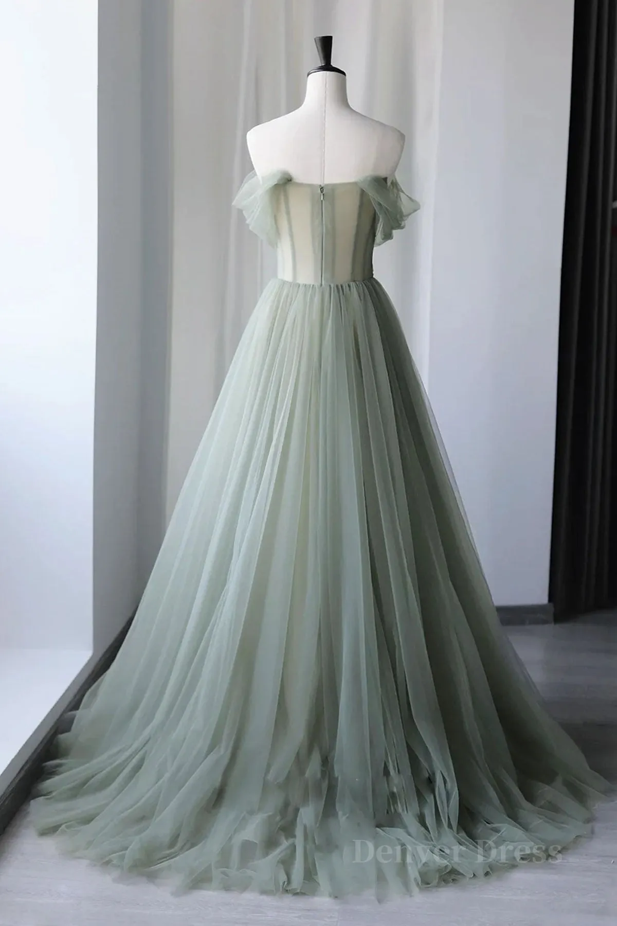 Off Shoulder Green Tulle Floral Long Prom Dresses Off the Shoulder Green Formal Evening Dresses with 3D Flowers