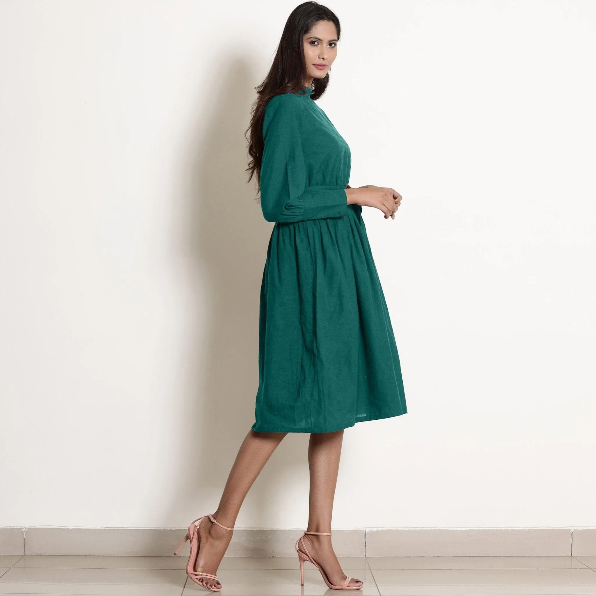 Pine Green Warm Cotton High Neck Knee Length Fit and Flare Dress