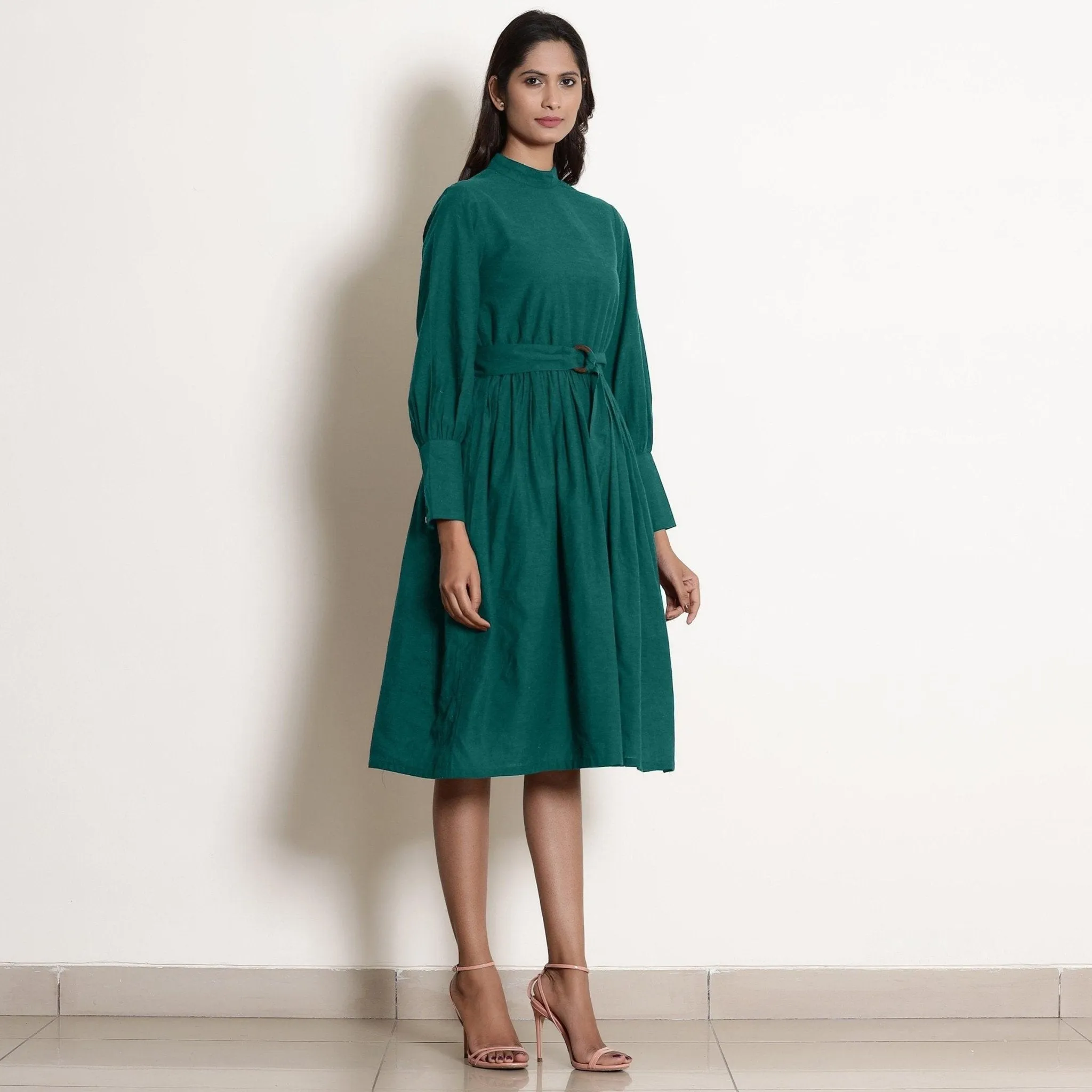 Pine Green Warm Cotton High Neck Knee Length Fit and Flare Dress