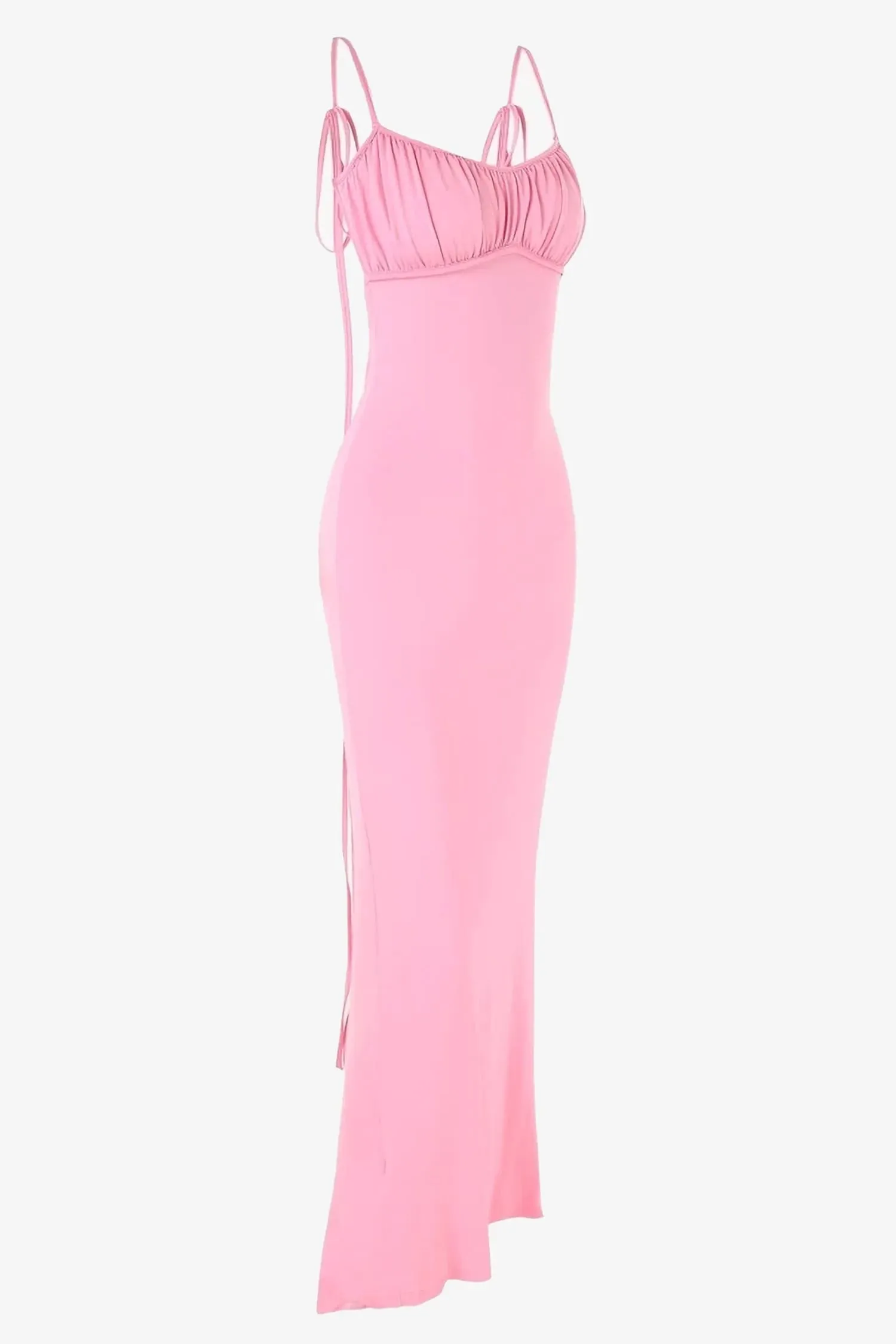 Pink Ruched Backless Maxi Dress