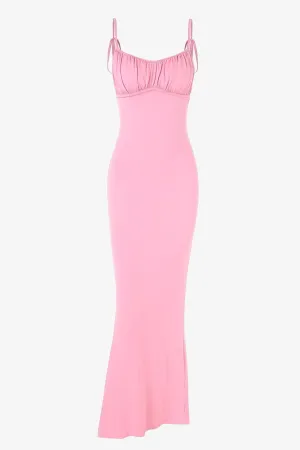 Pink Ruched Backless Maxi Dress