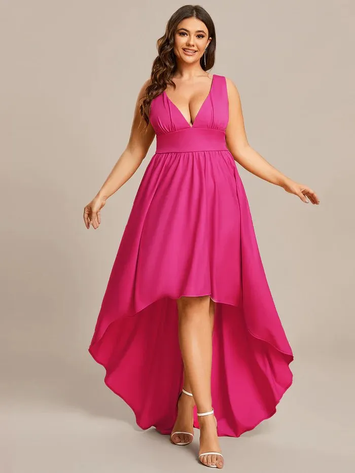 Plus High Low Deep V Neck Sleeveless Plus Size Evening Dress